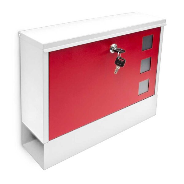 Briefkasten Wandbriefkasten mit 3 Sichtfenster Wei&szlig;-Rot