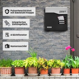 Briefkasten Wandbriefkasten Postkasten Postfach schwarz/silber inkl. Zeitungsrolle