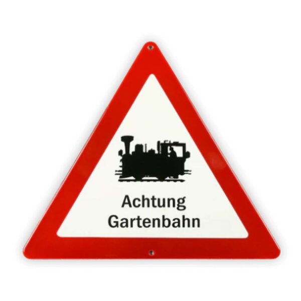 Emailschild Dreieck 25 cm, Achtung Gartenbahn