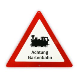 Emailschild Dreieck 25 cm, Achtung Gartenbahn