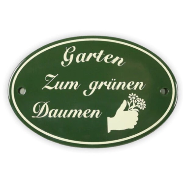 Emailschild oval, 15 x 10 cm, Garten Zum grünen Daumen