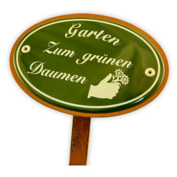 Emailschild oval, 15 x 10 cm, Garten Zum grünen Daumen mit Erdspieß