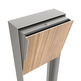 Briefkasten Standbriefkasten Portis Grau Metallic RAL 9007 mit Holzdekor-Front