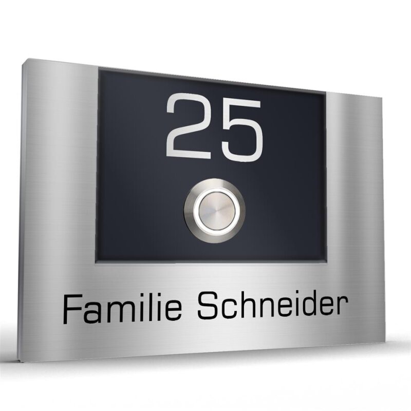 Moderne edelstahl türklingel in Verbindung mit einer aufgeklebten Acrylglasplatte mit ausgelaserter Hausnummer