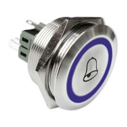 Klingeltaster Drucktaster 40mm Durchmesser blau Ringbeleuchtet mit Glockensymbol