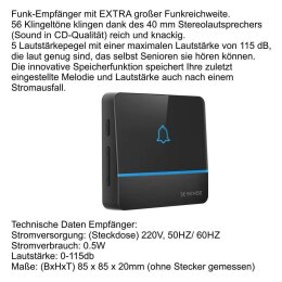 Ultraflache Aufputz Funkklingel Edelstahl 120x120mm RW 400m 52 Melodien Lena